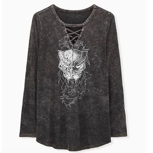 TORRID MARVEL BLACK PANTHER CHARCOAL MINERAL WASH JERSEY LATTICE TOP